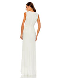 This elegant Mac Duggal floor-length, short sleeve, evening dress is a beautiful, long, simple and sleek, jersey gown with gathering at the waist finished with a rhinestone buckle and a sexy leg slit to create easy and simple movement. This gown is perfect for proms, black-tie affairs, weddings, brides and special events back view