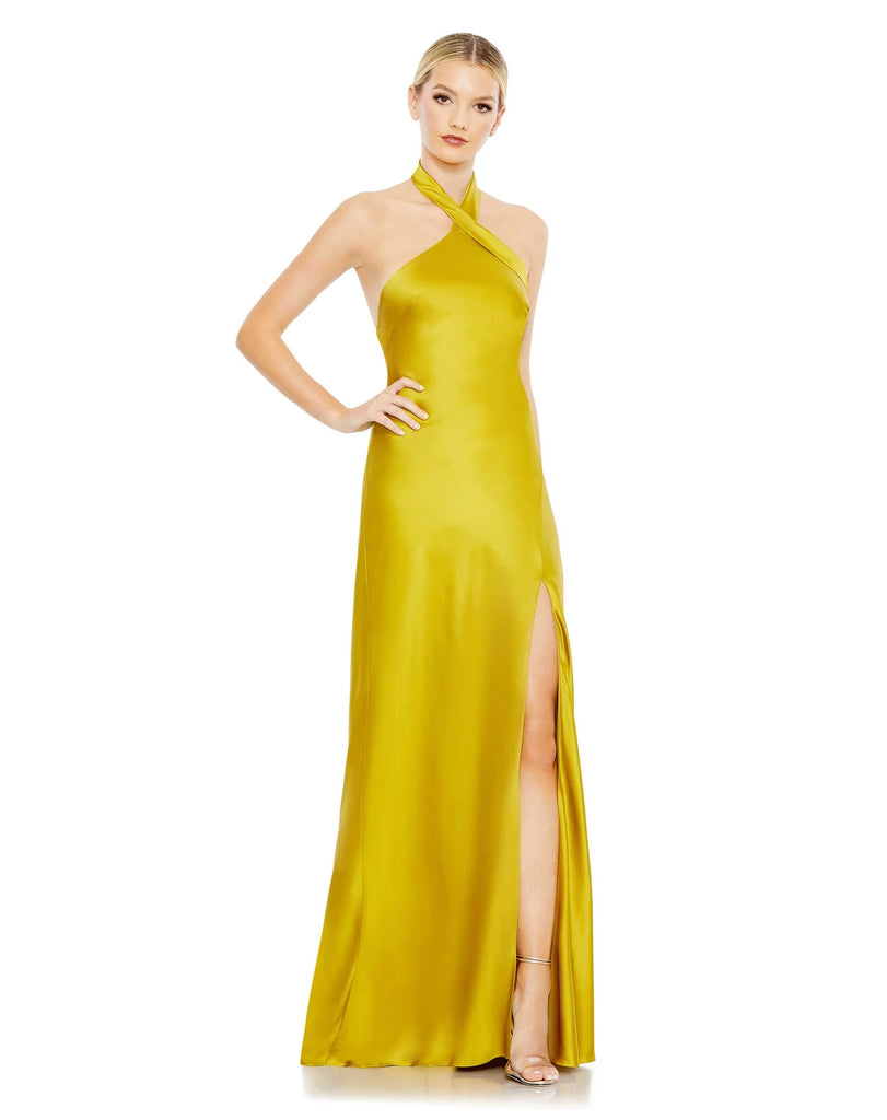 Made in a stunning shade of chartreuse, this elegant and sophisticated, silky satin gown features a twister halter neck, fitted body and one sexy thigh high split formed from a sexy train.  The dress, with its show-stopping colour will be sure to have all eyes on you! 