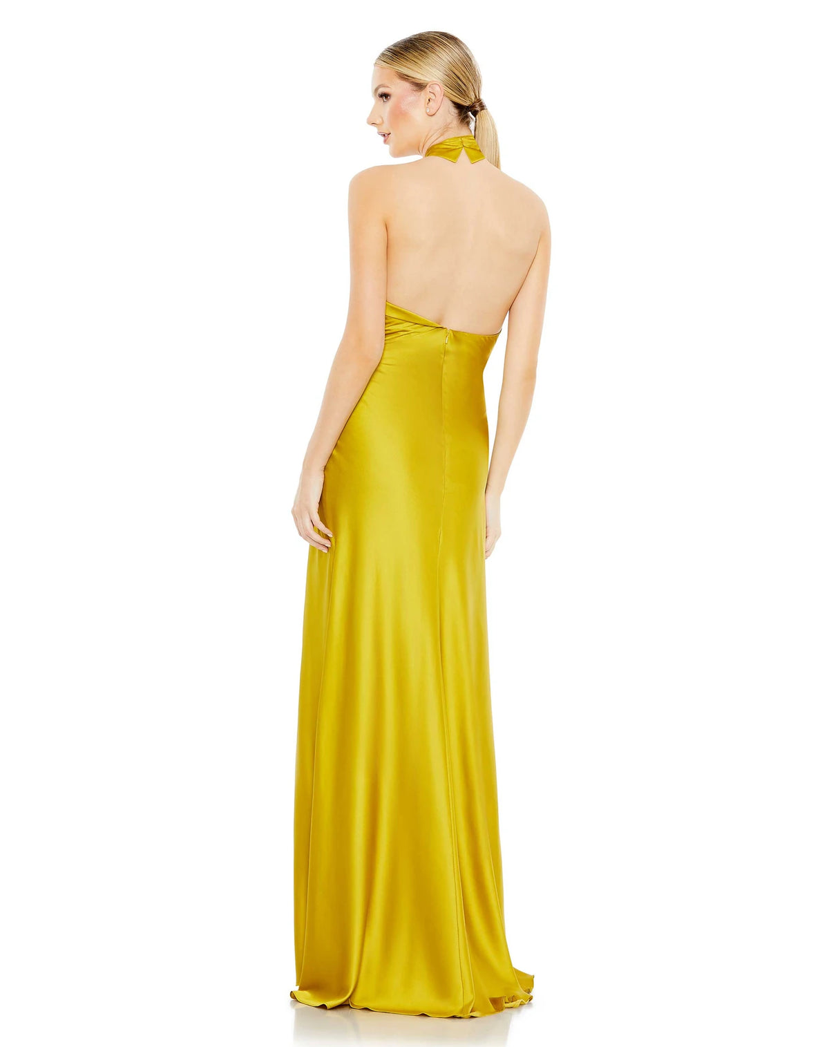 Made in a stunning shade of chartreuse, this elegant and sophisticated, silky satin gown features a twister halter neck, fitted body and one sexy thigh high split formed from a sexy train.  The dress, with its show-stopping colour will be sure to have all eyes on you back view