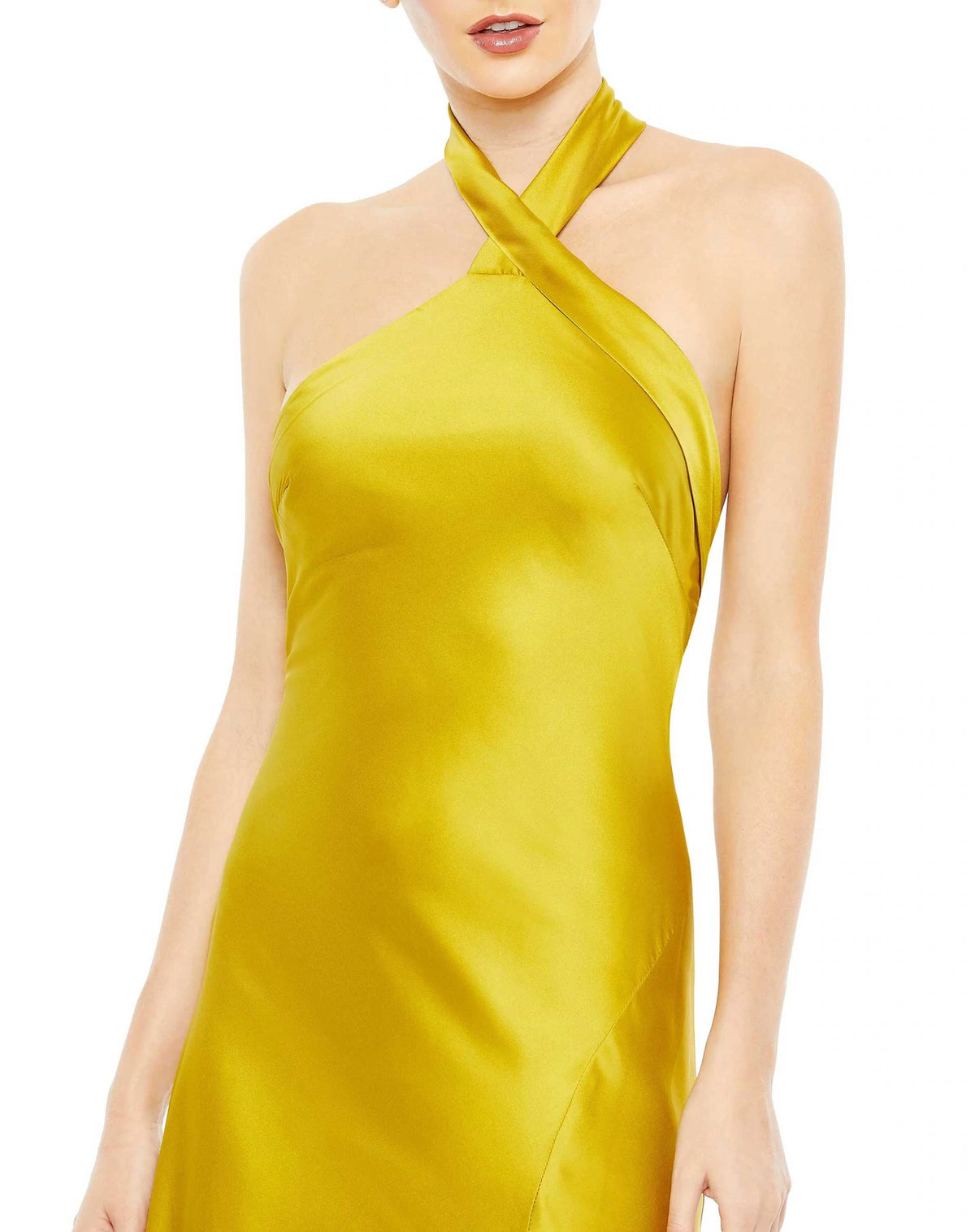 Made in a stunning shade of chartreuse, this elegant and sophisticated, silky satin gown features a twister halter neck, fitted body and one sexy thigh high split formed from a sexy train.  The dress, with its show-stopping colour will be sure to have all eyes on you close up