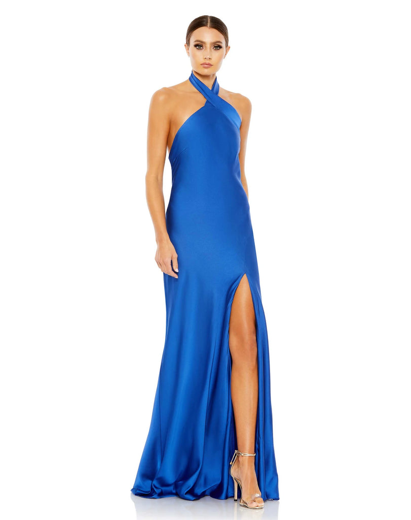 Made in a stunning shade of cobalt blue, this elegant and sophisticated, silky satin gown features a twister halter neck, fitted body and one sexy thigh high split formed from a sexy train.  The dress, with its show-stopping colour will be sure to have all eyes on you! 