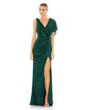 This elegant and sophisticated emerald green sequin, short-sleeved, long column evening dress is crafted with a beautiful asymmetric design over one shoulder. With a gorgeous plunging chest, banding at the waist to cinch you in at all the right places and one sexy thigh high split to give this gown a show-stopping sexy edge. This is the perfect gown for special occasions, as a wedding guest and formal events! 