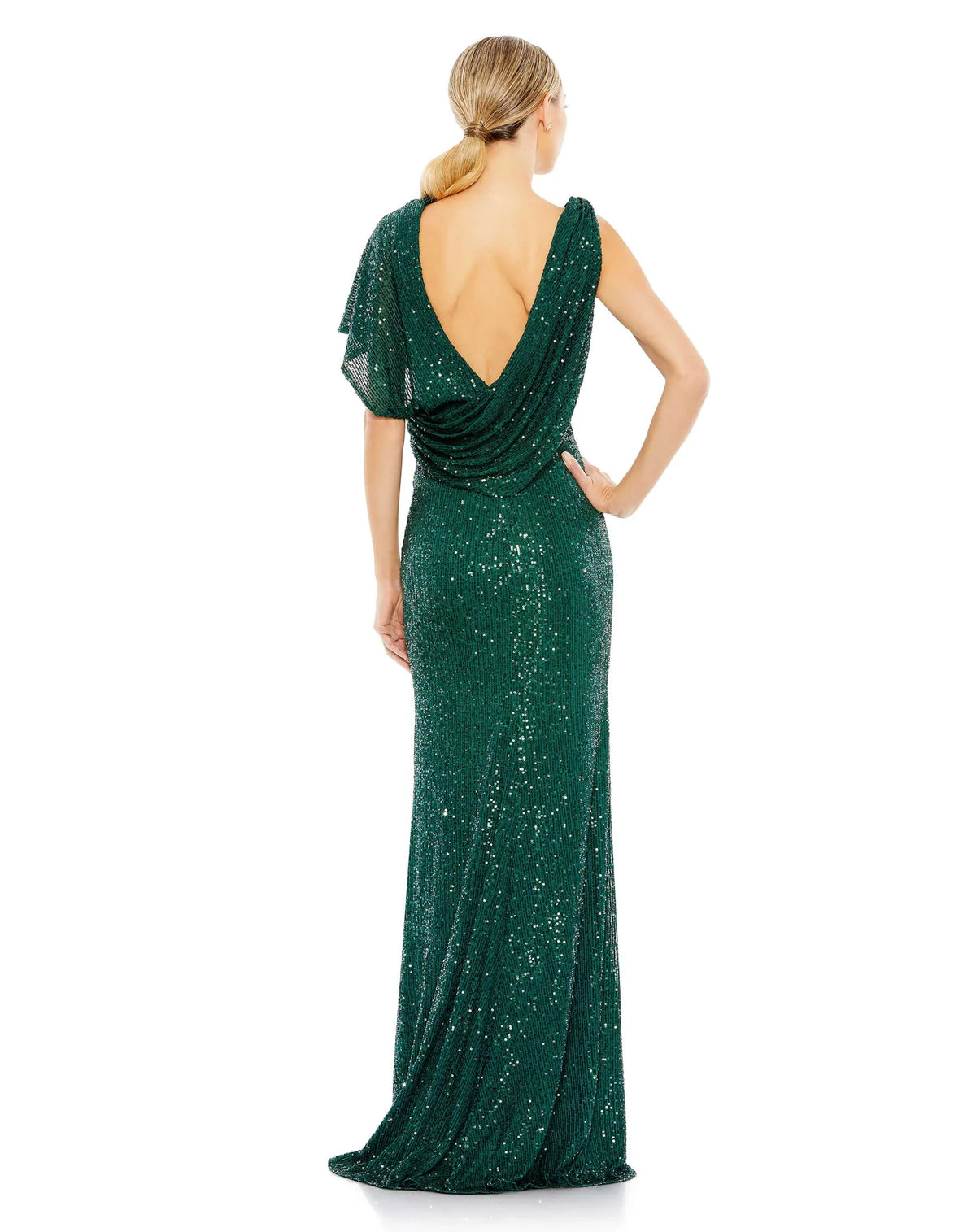 This elegant and sophisticated emerald green sequin, short-sleeved, long column evening dress is crafted with a beautiful asymmetric design over one shoulder. With a gorgeous plunging chest, banding at the waist to cinch you in at all the right places and one sexy thigh high split to give this gown a show-stopping sexy edge. This is the perfect gown for special occasions, as a wedding guest and formal events back view