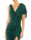 This elegant and sophisticated emerald green sequin, short-sleeved, long column evening dress is crafted with a beautiful asymmetric design over one shoulder. With a gorgeous plunging chest, banding at the waist to cinch you in at all the right places and one sexy thigh high split to give this gown a show-stopping sexy edge. This is the perfect gown for special occasions, as a wedding guest and formal events close up