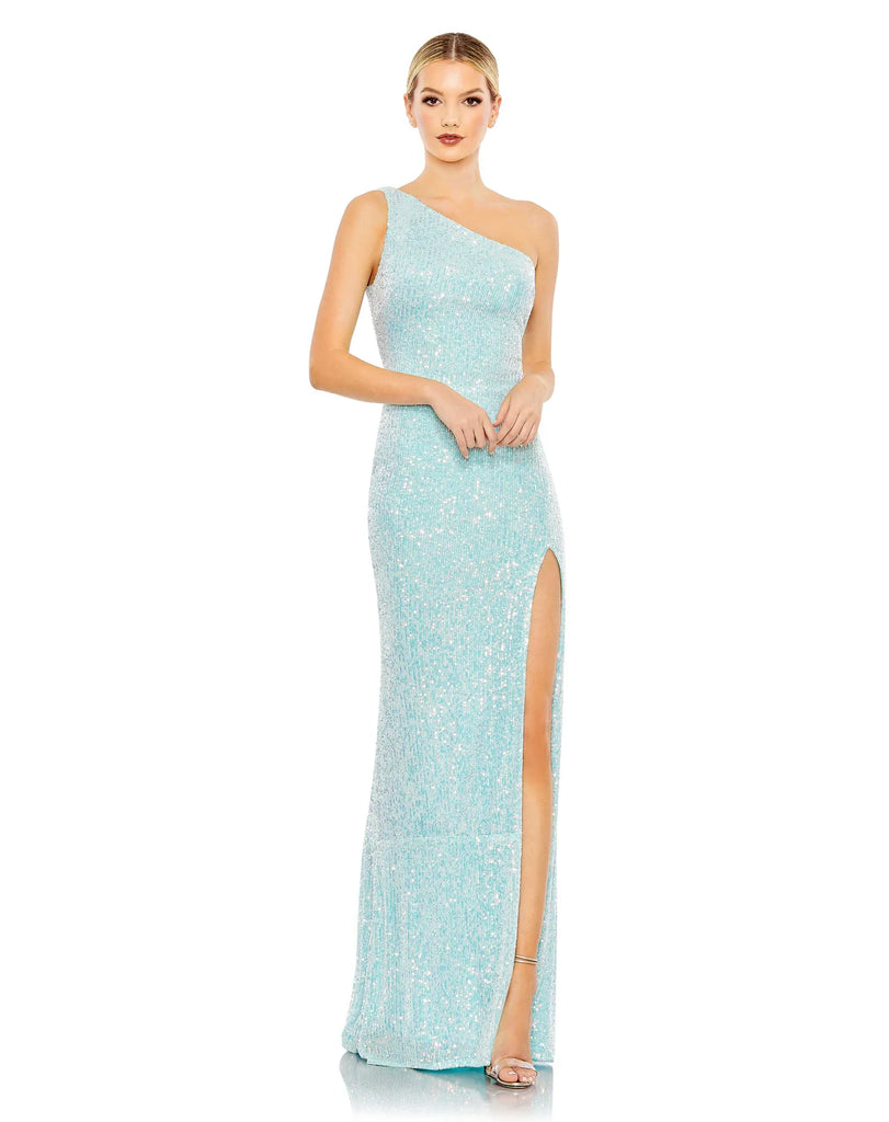 This elegant, floor-length, Mac Duggal, ice blue, sequin evening dress is a beautiful, long, simple and sleek, off-the-shoulder gown with a sexy open cowl back and sexy strappy detail and a thigh-high slit! This gown is perfect for proms, black-tie affairs, weddings and special events!