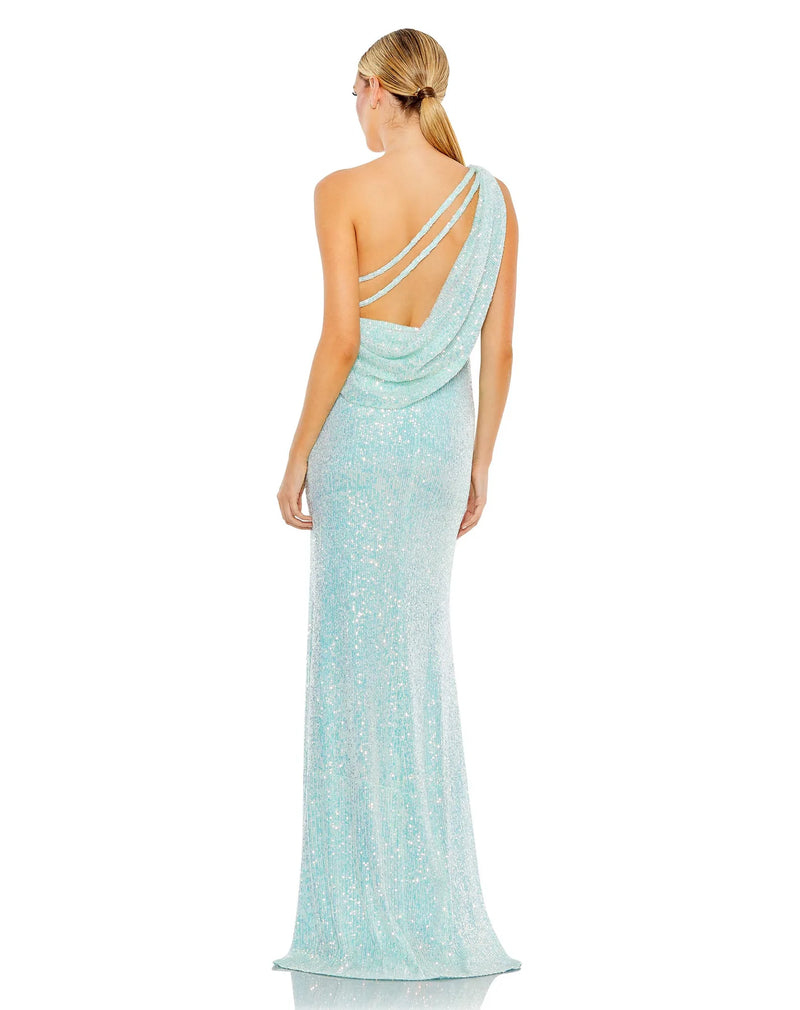 This elegant, floor-length, Mac Duggal, ice blue, sequin evening dress is a beautiful, long, simple and sleek, off-the-shoulder gown with a sexy open cowl back and sexy strappy detail and a thigh-high slit! This gown is perfect for proms, black-tie affairs, weddings and special events back