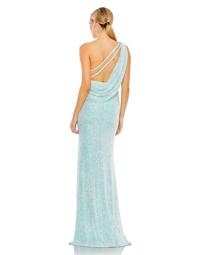 This elegant, floor-length, Mac Duggal, ice blue, sequin evening dress is a beautiful, long, simple and sleek, off-the-shoulder gown with a sexy open cowl back and sexy strappy detail and a thigh-high slit! This gown is perfect for proms, black-tie affairs, weddings and special events back