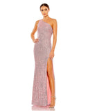 This elegant, floor-length, Mac Duggal, pink sequin evening dress is a beautiful, long, simple and sleek, off-the-shoulder gown with a sexy open cowl back and sexy strappy detail and a thigh-high slit! This gown is perfect for proms, black-tie affairs, weddings and special events!