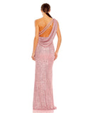 This elegant, floor-length, Mac Duggal, pink sequin evening dress is a beautiful, long, simple and sleek, off-the-shoulder gown with a sexy open cowl back and sexy strappy detail and a thigh-high slit! This gown is perfect for proms, black-tie affairs, weddings and special events back view