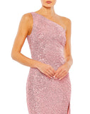 This elegant, floor-length, Mac Duggal, pink sequin evening dress is a beautiful, long, simple and sleek, off-the-shoulder gown with a sexy open cowl back and sexy strappy detail and a thigh-high slit! This gown is perfect for proms, black-tie affairs, weddings and special events close up