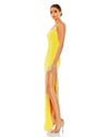 This elegant Mac Duggal, long, yellow, asymmetric evening gown with sexy crystal detail on the skirt is and an open back is a met gala inspired gown for a very special occasion! This elegant evening dress is the perfect dress perfect for proms, black-tie affairs, wedding guest and special events! side view