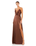 This soft and feminine, satin floor length chocolate brown mocha coloured evening gown is Grecian goddess inspired! With a twist front and sexy thigh high split, this simple yet show-stopping gown is understatedly sexy. This is the perfect gown for special occasions, weddings and Summery parties! front view