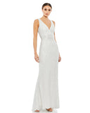This elegant Grecian inspired, Mac Duggal white, bridal perfect, floor-length evening gown is covered top-to-bottom in stunning sequins. The plunging scalloped neckline is trimmed with beads, and a wide hand-beaded waistband cinches in the midsection. The floor-length skirt is finished with a sweeping train. This sleeveless gown is perfect for proms, black-tie affairs, weddings, brides and special events!