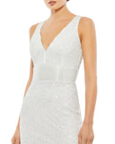 This elegant Grecian inspired, Mac Duggal white, bridal perfect, floor-length evening gown is covered top-to-bottom in stunning sequins. The plunging scalloped neckline is trimmed with beads, and a wide hand-beaded waistband cinches in the midsection. The floor-length skirt is finished with a sweeping train. This sleeveless gown is perfect for proms, black-tie affairs, weddings, brides and special events close up