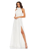 This elegant white floor length, halterneck, sleeveless evening gown is perfect for brides and brides to be! Crafted with delicate chiffon, this dress features a ruched bodice and waistband, together with an open back, and a rosette neckline. The flowing  floor-length skirt features a thigh-high slit for a dramatic finish!