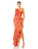 A fashion-forward single-sleeve bodice and flamenco-inspired skirt join forces for a gorgeous special occasion dress. The solid satin, orange, design showcases a pleated bodice, one voluminous long sleeve, and flirty flounces that highlight your legs. Add shoulder-sweeping earrings for a summer event. This elegant gown will truly have you feeling like the belle of the ball. 