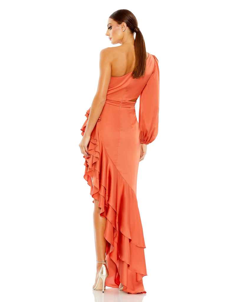 A fashion-forward single-sleeve bodice and flamenco-inspired skirt join forces for a gorgeous special occasion dress. The solid satin, orange, design showcases a pleated bodice, one voluminous long sleeve, and flirty flounces that highlight your legs. Add shoulder-sweeping earrings for a summer event. This elegant gown will truly have you feeling like the belle of the ball back view