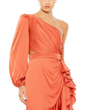 A fashion-forward single-sleeve bodice and flamenco-inspired skirt join forces for a gorgeous special occasion dress. The solid satin, orange, design showcases a pleated bodice, one voluminous long sleeve, and flirty flounces that highlight your legs. Add shoulder-sweeping earrings for a summer event. This elegant gown will truly have you feeling like the belle of the ball close up