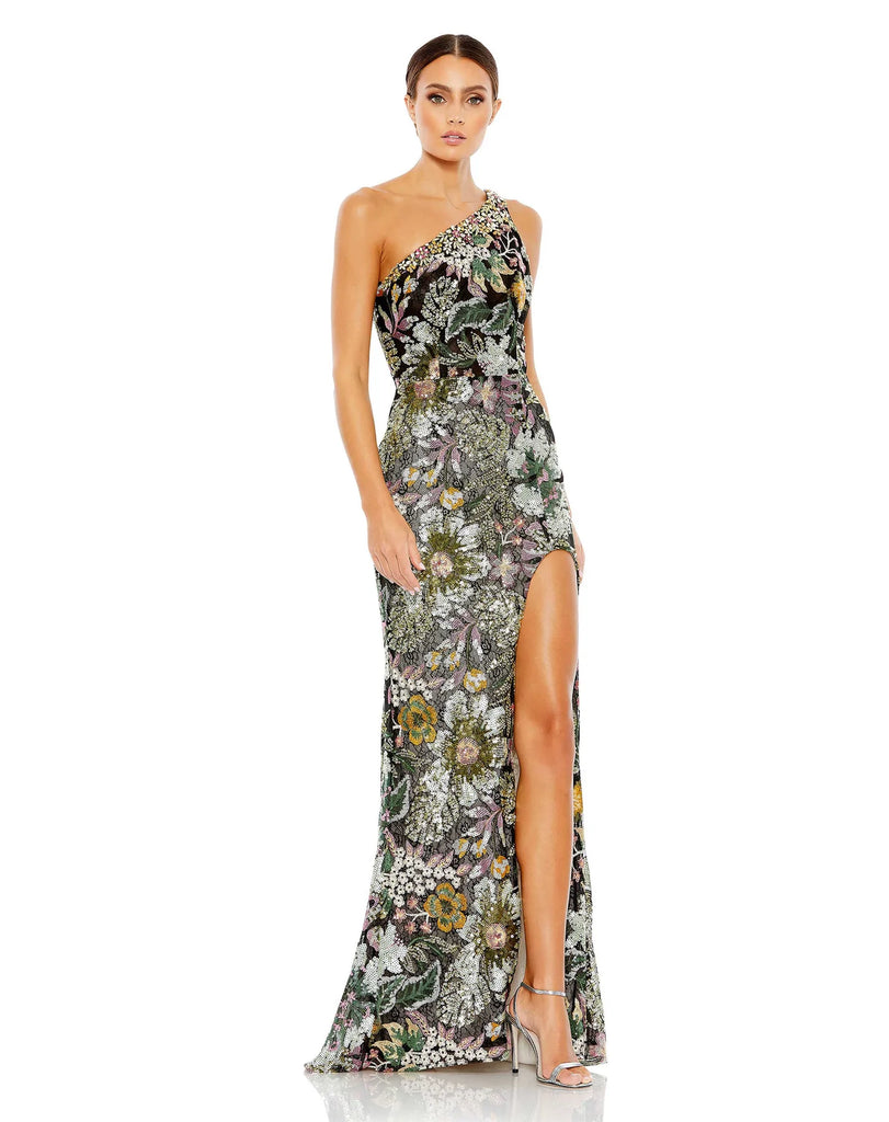 This phenomenal, feminine and sophisticated, floral embroidered floor-length evening dress a show-stopping gown for Spring and Summertime weddings and special events. With delicate and intricate hand-embroidered beads and crystals over a rich black fabric, this couture dress is fitted to hug your every curve and show off your every curve. Finished with one sexy thigh high split, this dress is like no other. 