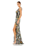 This phenomenal, feminine and sophisticated, floral embroidered floor-length evening dress a show-stopping gown for Spring and Summertime weddings and special events. With delicate and intricate hand-embroidered beads and crystals over a rich black fabric, this couture dress is fitted to hug your every curve and show off your every curve. Finished with one sexy thigh high split, this dress is like no other side view