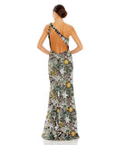 This phenomenal, feminine and sophisticated, floral embroidered floor-length evening dress a show-stopping gown for Spring and Summertime weddings and special events. With delicate and intricate hand-embroidered beads and crystals over a rich black fabric, this couture dress is fitted to hug your every curve and show off your every curve. Finished with one sexy thigh high split, this dress is like no other back view