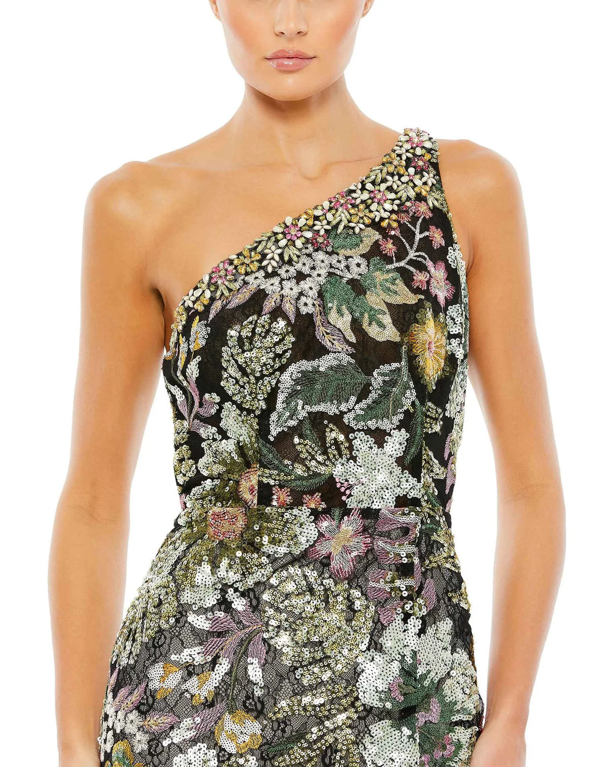 Mac Duggal Style #49574 Embellished floral one shoulder gown - Black close up
