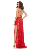 This stunning Mac Duggal elegant, red sequin, floor length, evening gown is a beautiful Jessica Rabbit, sexy plunging bust halterneck style dress with banding at the waist to cinch in your curves, one sexy-thigh high split for added drama and stunning strappy detail at the back! This daring, bodycon, sexy fit, red dress which will be sure to have all eyes on you is perfect for proms, balls and special events back view
