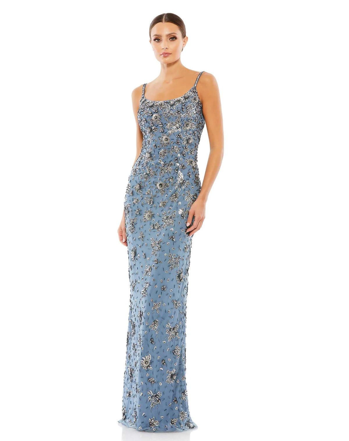 This stunningly elegant, floor-length, blue/slate grey tone evening dress is a strap sleeve column gown accented with jewel and bead embellishment. This bodycon, form-fitting evening gown is perfect for proms, black-tie affairs, weddings and special events!