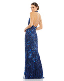 This elegant Mac Duggal short-sleeved, floor-length, halterneck, navy blue crystal and bead embellished evening dress is a stunning formal gown for your special occasions! With a  beautiful V neckline and a column style fit and low back detail, this dress will truly have you feeling picture perfect back view