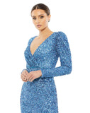  closeThis stunning Mac Duggal elegant long-sleeved, French Blue, sequin, evening gown is a beautiful, full-length sequin-stitched column gown. The demure design is styled with a pleated surplice neckline, long sleeves with puff shoulders, a hand-beaded waist, and a sweep train. It’s a gorgeous show-stopping choice for your next formal event close upup