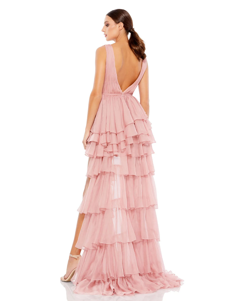 This show-stopping, rose pink, chiffon, ruffled high-low gown is truly perfect for Summer weddings and parties! With a beautiful plunging chest and a glamorous train at the back, this dress is both sexy and sweet at the same time back view