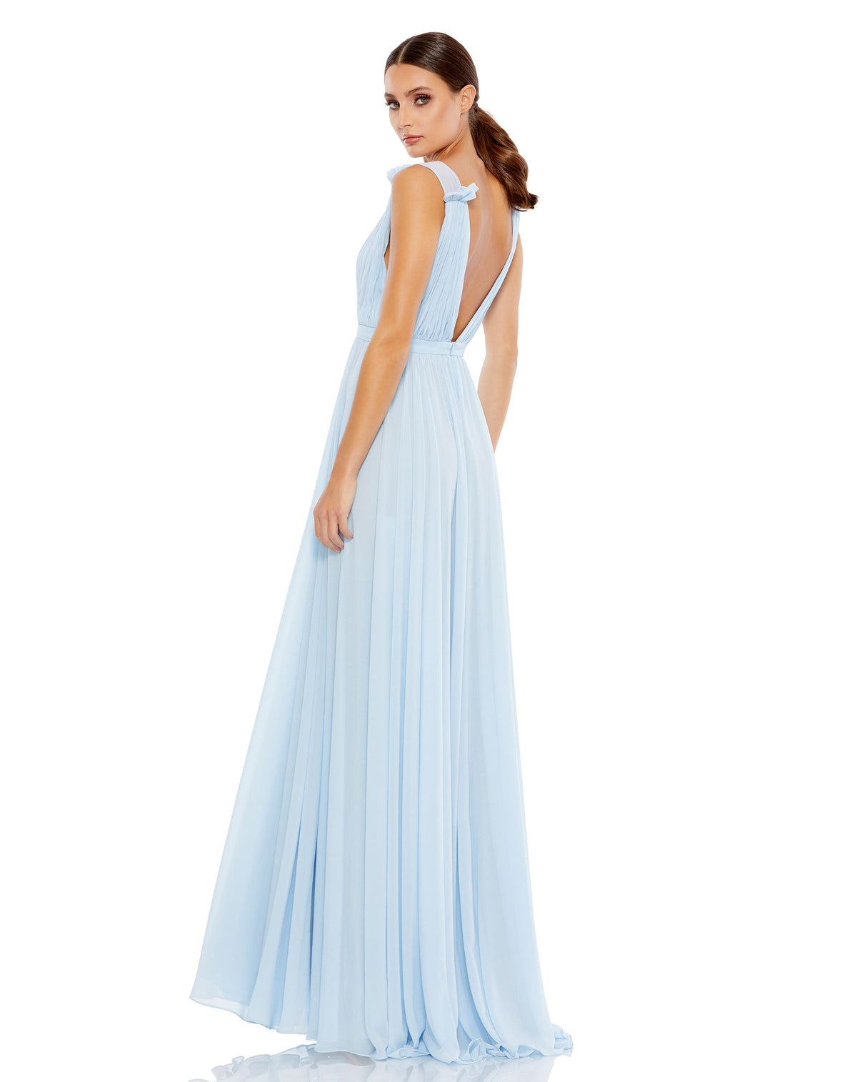 This elegant Mac Duggal powder-blue, evening dress is a beautiful, long, ruched chiffon maxi dress with a built-in bodysuit, plunging v-neckline and thigh high slit. This gown is perfect for proms, black-tie affairs, weddings and special events! back