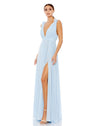 This elegant Mac Duggal powder-blue, evening dress is a beautiful, long, ruched chiffon maxi dress with a built-in bodysuit, plunging v-neckline and thigh high slit. This gown is perfect for proms, black-tie affairs, weddings and special events! front