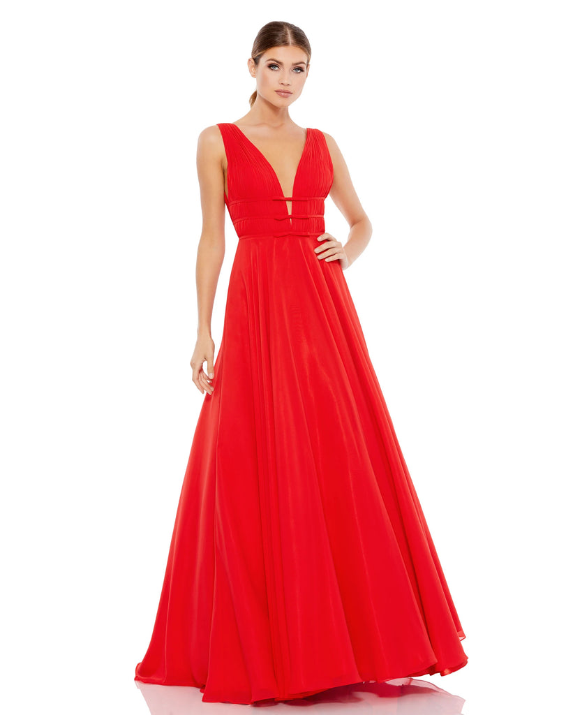 This very special, A-line red-carpet style, evening gown in rich-red fabric with a plunging neckline is a show-stopping dress with a dramatic train. This strapless, elegant formal dress is picture perfect and will have you looking every inch a princess. Perfect for proms, Summer formals and wedding guests!