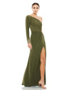 This stunning Mac Duggal elegant, olive, asymmetric evening dress, crafted from smooth jersey fabric, the floor-grazing dress is textured with pleats, an off-center waist twist, and starburst beads and glittering rhinestones at the edge of the single sleeve. A high slit underscores the gown’s sexy and modern styling. It’s perfect for a special-occasions proms and weddings!