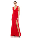 This elegant red Mac Duggal long deep V-neckline, sleeveless shoulders, a pleated, crisscrossed waist, and a sexy slit. It’s minimalist elegance at its finest. This special occasion dress is perfect for proms, black-tie affairs, weddings and special events!
