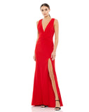 This elegant red Mac Duggal long deep V-neckline, sleeveless shoulders, a pleated, crisscrossed waist, and a sexy slit. It’s minimalist elegance at its finest. This special occasion dress is perfect for proms, black-tie affairs, weddings and special events!