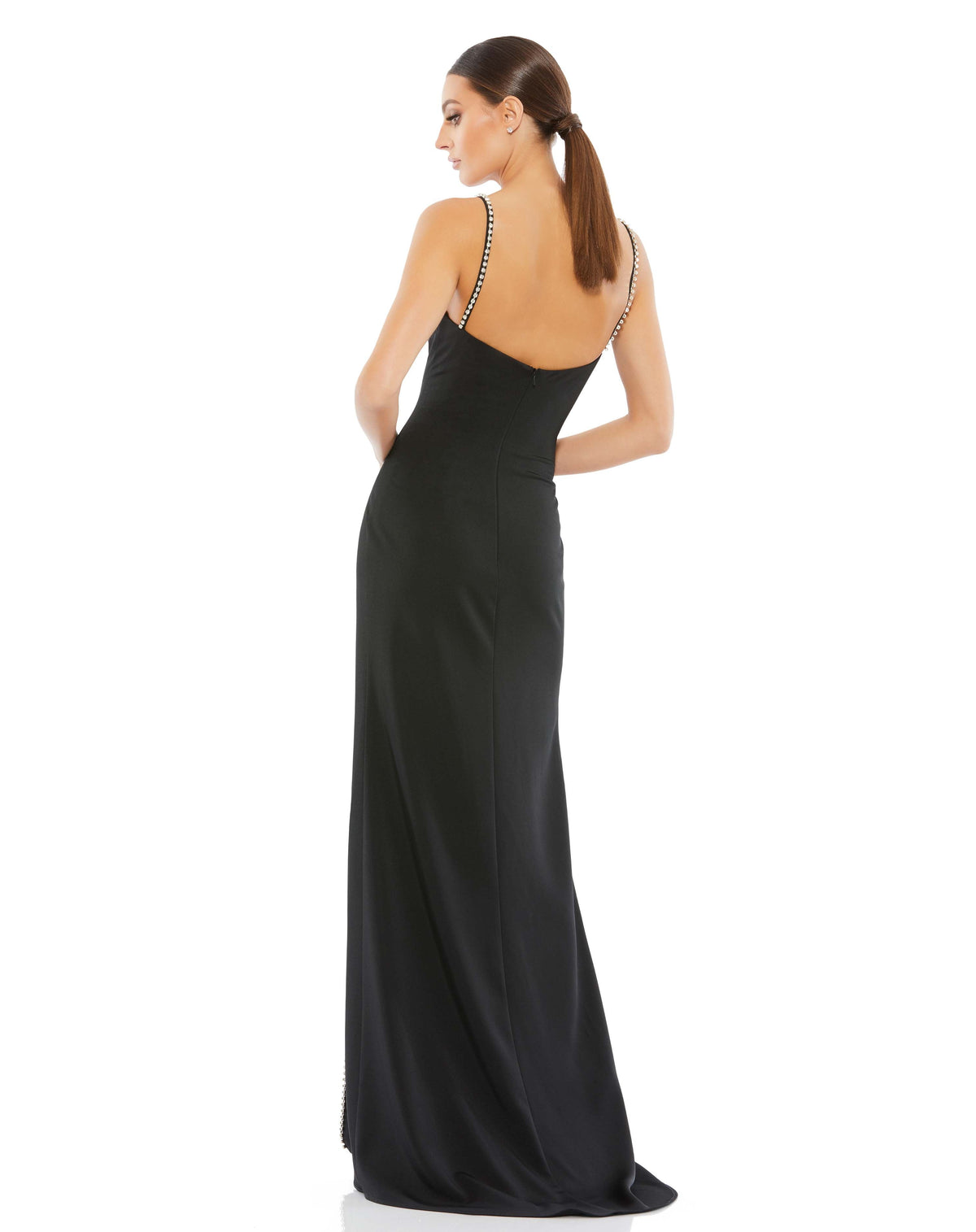This elegant Mac Duggal, long black evening gown with elegant rhinestone detail and a sexy thigh high split is an elegant evening dress is the perfect dress perfect for proms, black-tie affairs, weddings and special events! back
