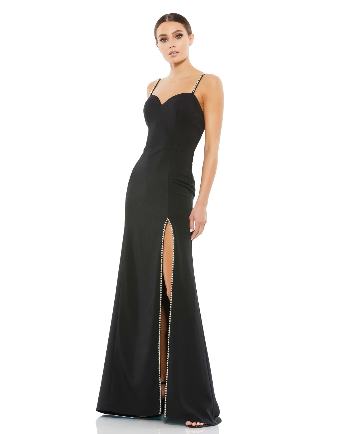 This elegant Mac Duggal, long black evening gown with elegant rhinestone detail and a sexy thigh high split is an elegant evening dress is the perfect dress perfect for proms, black-tie affairs, weddings and special events!