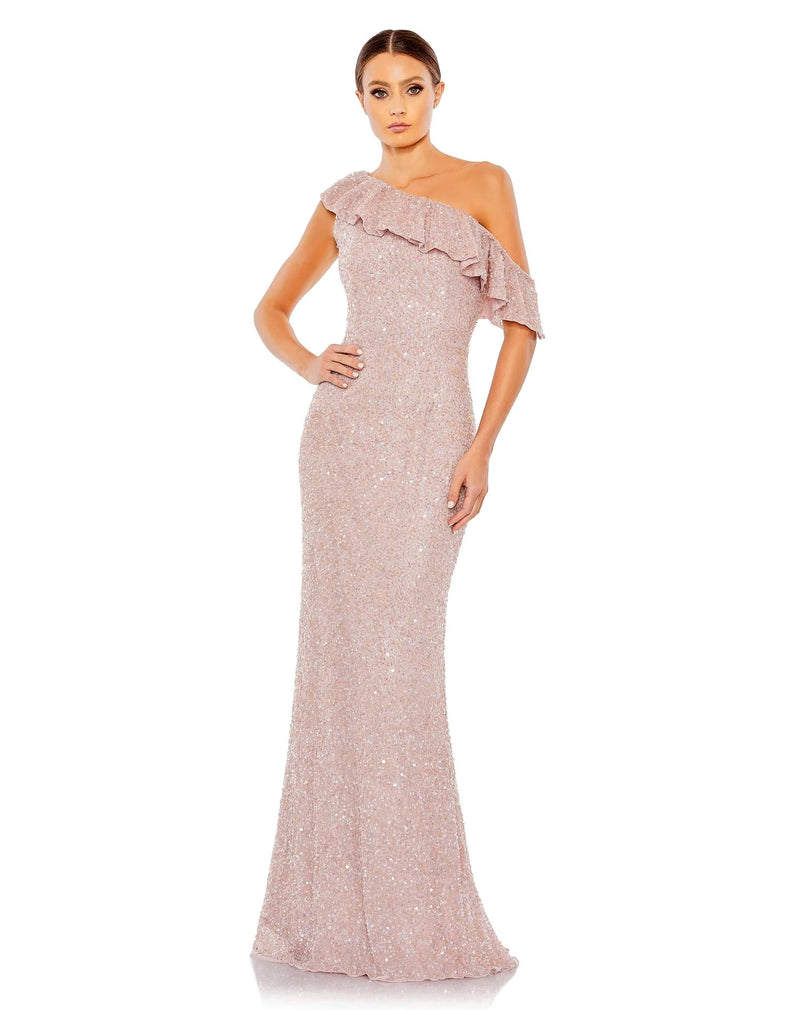 This feminine and sophisticated mocha coloured sequin, floor-length evening dress is a playful and Summery gown that will delight at weddings and special events! With elegant ruffle detail over the chest and one drop shoulder, this dress is fitted to hug your every curve and show off your gorgeous figure! You will truly sparkle in all the photos in this special occasion dress! 