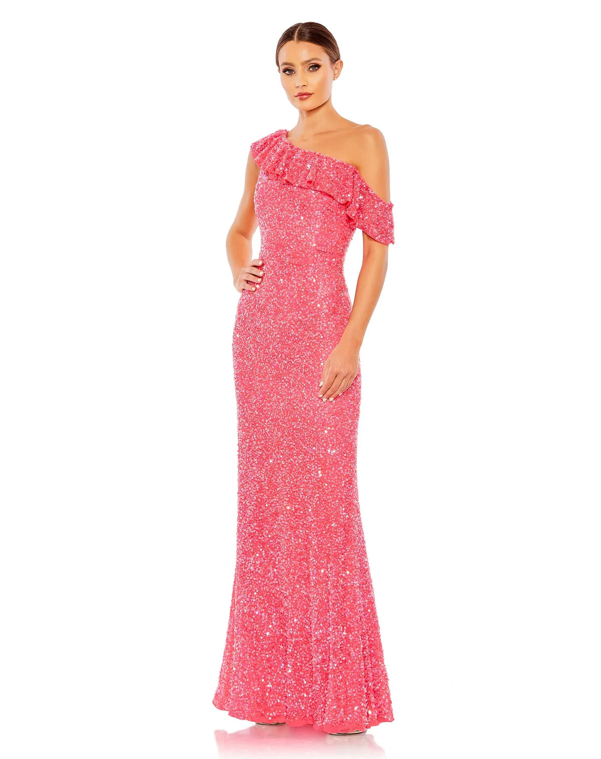 This feminine and sophisticated watermelon pink coloured sequin, floor-length evening dress is a playful and Summery gown that will delight at weddings and special events! With elegant ruffle detail over the chest and one drop shoulder, this dress is fitted to hug your every curve and show off your gorgeous figure! You will truly sparkle in all the photos in this special occasion dress! 