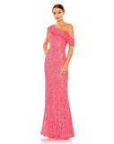 This feminine and sophisticated watermelon pink coloured sequin, floor-length evening dress is a playful and Summery gown that will delight at weddings and special events! With elegant ruffle detail over the chest and one drop shoulder, this dress is fitted to hug your every curve and show off your gorgeous figure! You will truly sparkle in all the photos in this special occasion dress! 