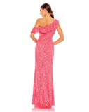 This feminine and sophisticated watermelon pink coloured sequin, floor-length evening dress is a playful and Summery gown that will delight at weddings and special events! With elegant ruffle detail over the chest and one drop shoulder, this dress is fitted to hug your every curve and show off your gorgeous figure! You will truly sparkle in all the photos in this special occasion dress back view