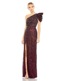 This beautiful dark purple coloured sequin, one-shoulder, asymmetric floor-length, evening gown with a beautiful cinched waist and puff detail on the shoulder is an elegant gown for special occasions and events with one thigh high split and an elegant form-fitting fit front view