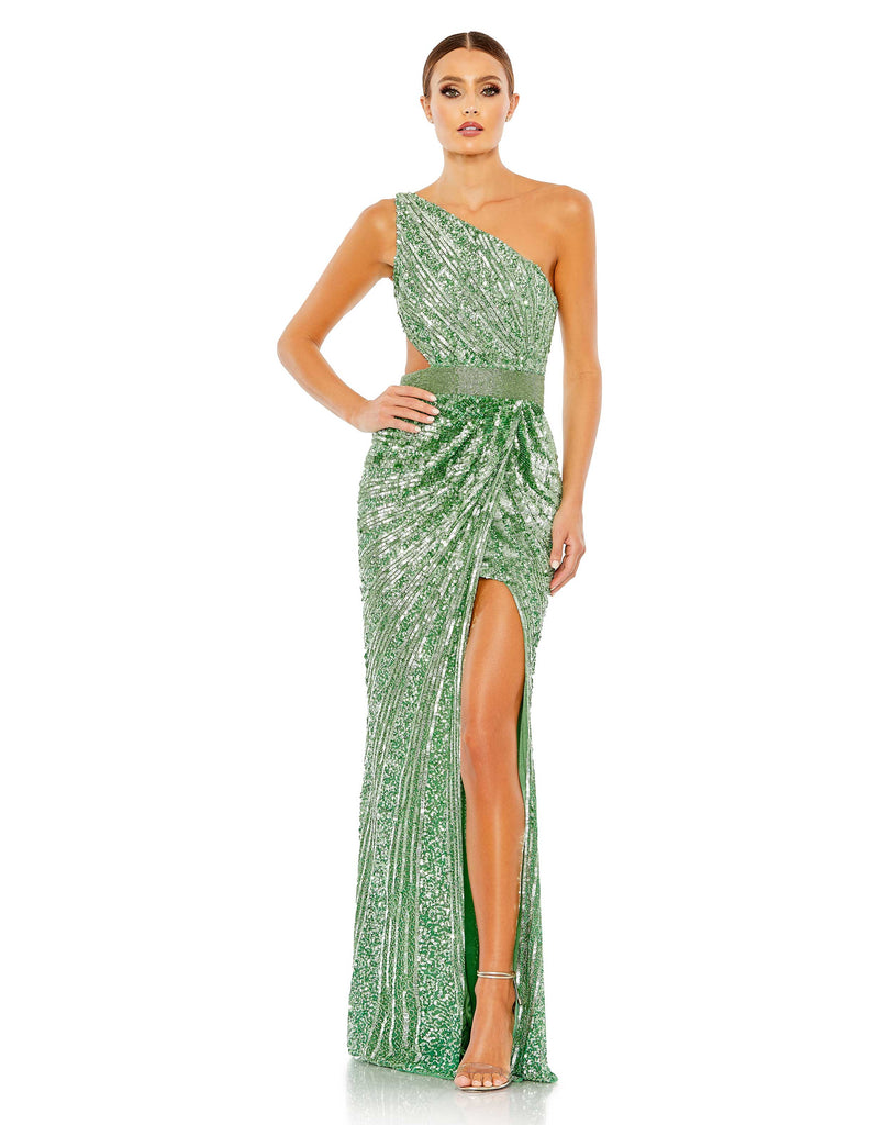 This elegant Mac Duggal, long, sequin sage green, asymmetric shoulder gown with sexy cut out detail at the waist, and a smouldering high slit is a met gala inspired gown for a very special occasion! This elegant evening dress is the perfect dress perfect for proms, black-tie affairs, wedding guest and special events