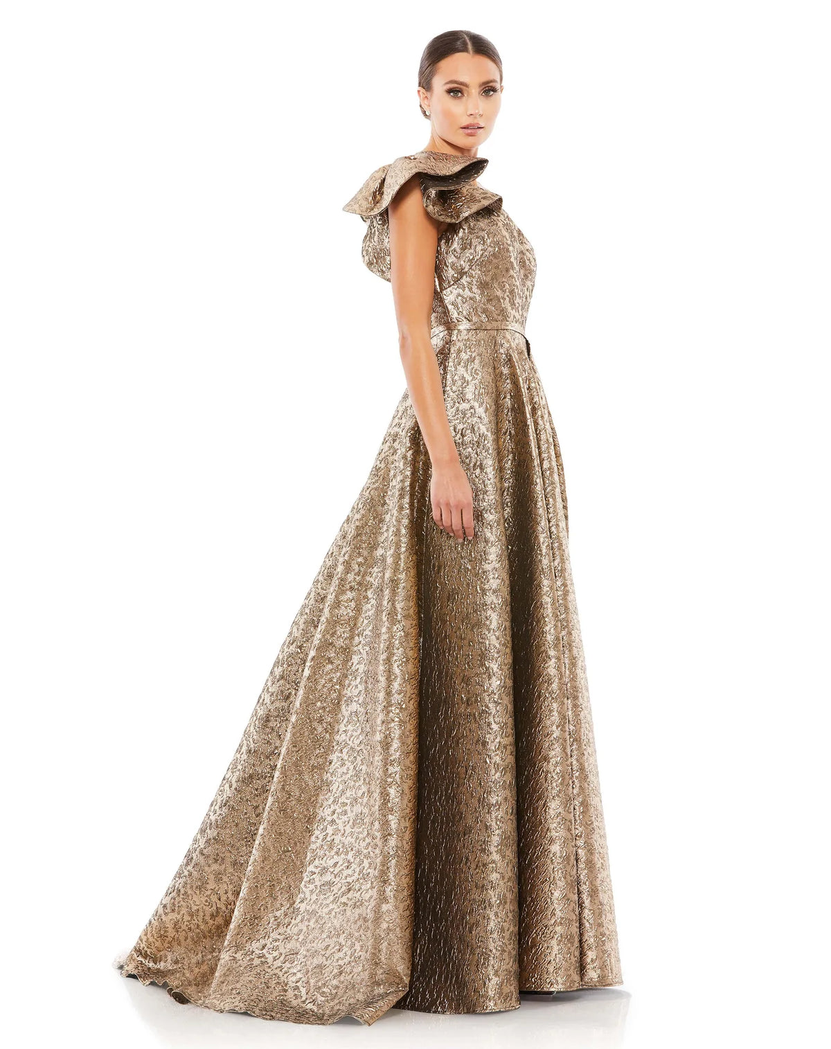 This stunningly elegant, one-shoulder metallic brocade antique gold, ball gown is a truly show-stopping evening dress accented with asymmetric chest detail, bow-detail on the shoulder, a cinched in waist and a beautiful full skirt with a thigh high split. This A line ball gown is perfect for proms, black-tie affairs, weddings and special events!