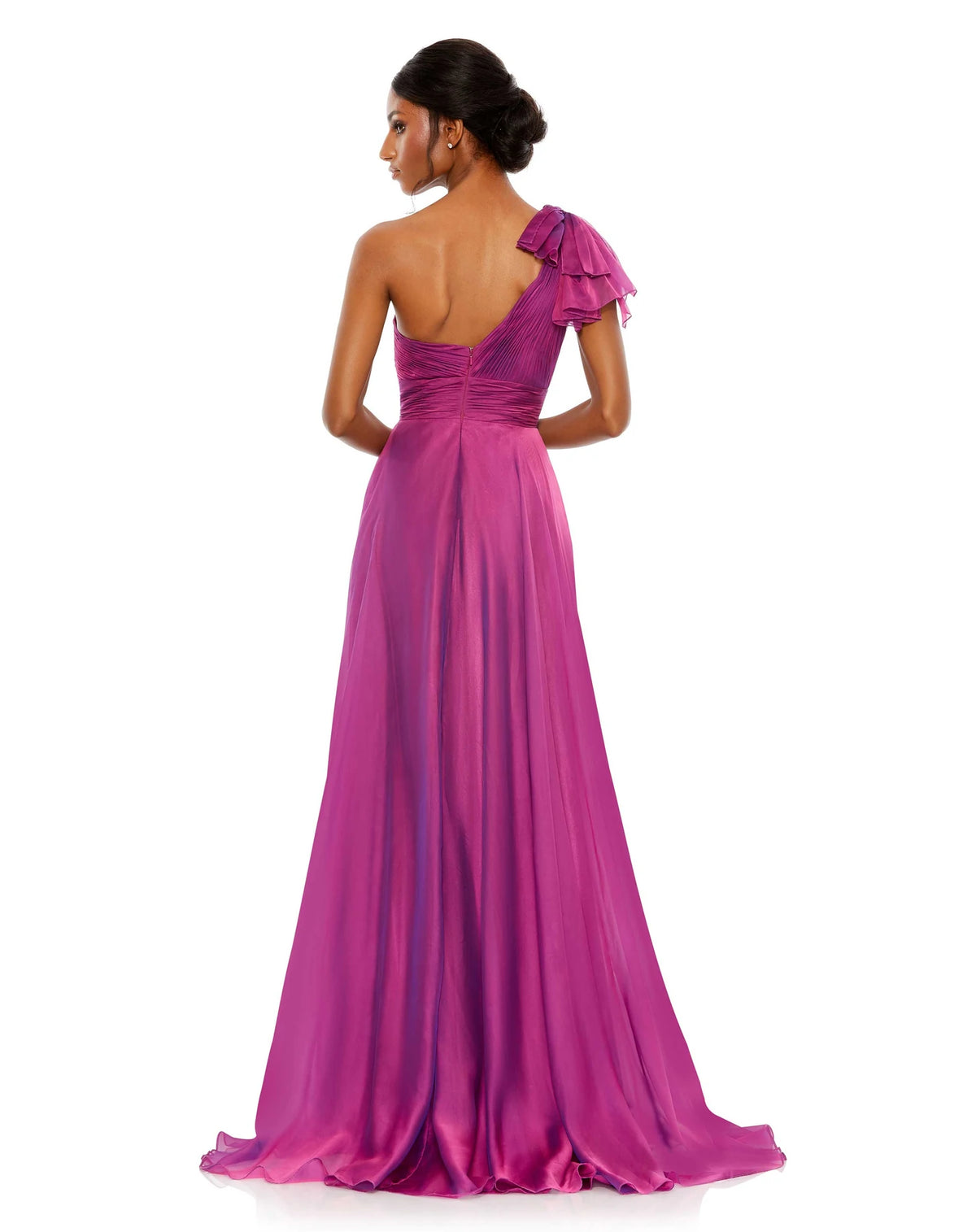 This elegant Mac Duggal one-sleeved raspberry, dress is a stunning formal gown for special occasions. With beautiful draped asymmetric detail across one shoulder and an empire bust together with a flower skirt, this elegant gown will truly have you feeling like the belle of the ball back view