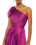 This elegant Mac Duggal one-sleeved raspberry, dress is a stunning formal gown for special occasions. With beautiful draped asymmetric detail across one shoulder and an empire bust together with a flower skirt, this elegant gown will truly have you feeling like the belle of the ball front view