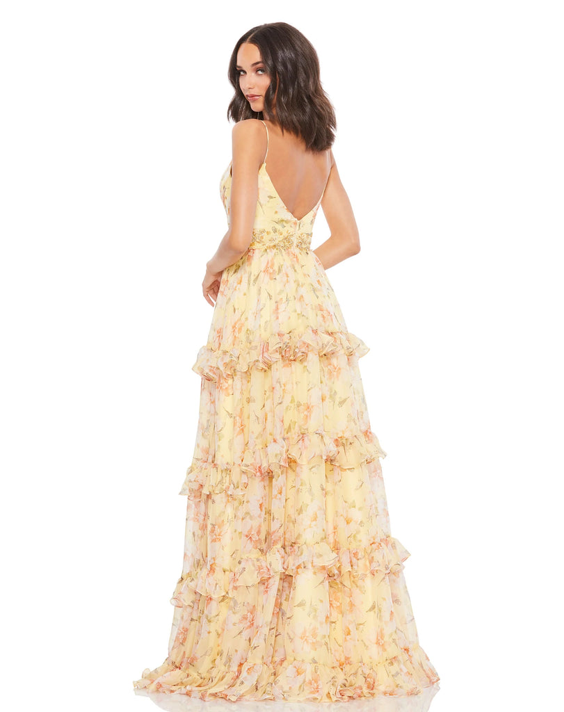 This show-stopping, lemon yellow, A line ball gown dress is the perfect gown for special occasions, weddings and Summery parties! With a tiered floral chiffon gown with a pleated bodice, v-neckline, and spaghetti straps. The full, flowy skirt features delicate ruffle detailing, and the waist is accented with a hand-beaded belt back view