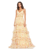 This show-stopping, lemon yellow, A line ball gown dress is the perfect gown for special occasions, weddings and Summery parties! With a tiered floral chiffon gown with a pleated bodice, v-neckline, and spaghetti straps. The full, flowy skirt features delicate ruffle detailing, and the waist is accented with a hand-beaded belt. 